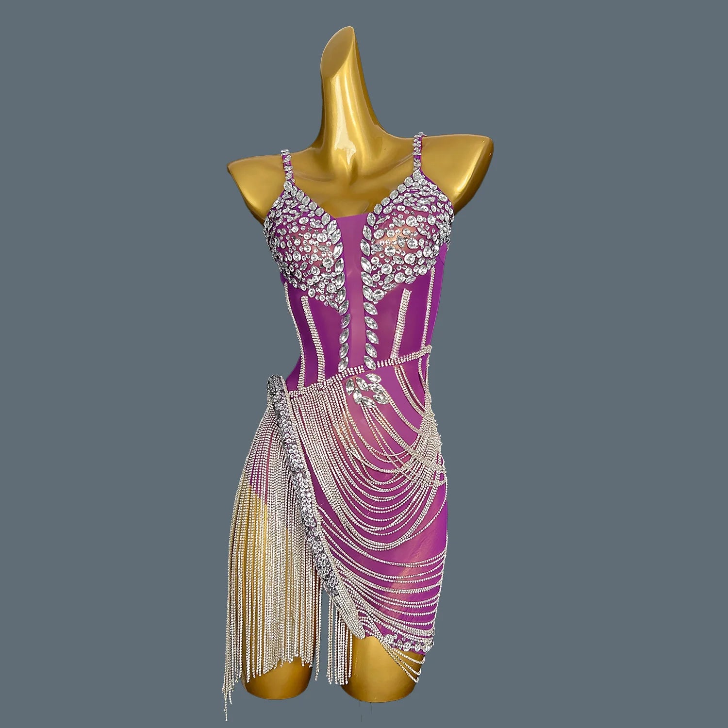 Women Shiny Gold Crystal Chain Diamonds Dress Elastic Sexy Mini Night Club Performance Costume Birthday Party Dress Tassel Liehu PURPLE