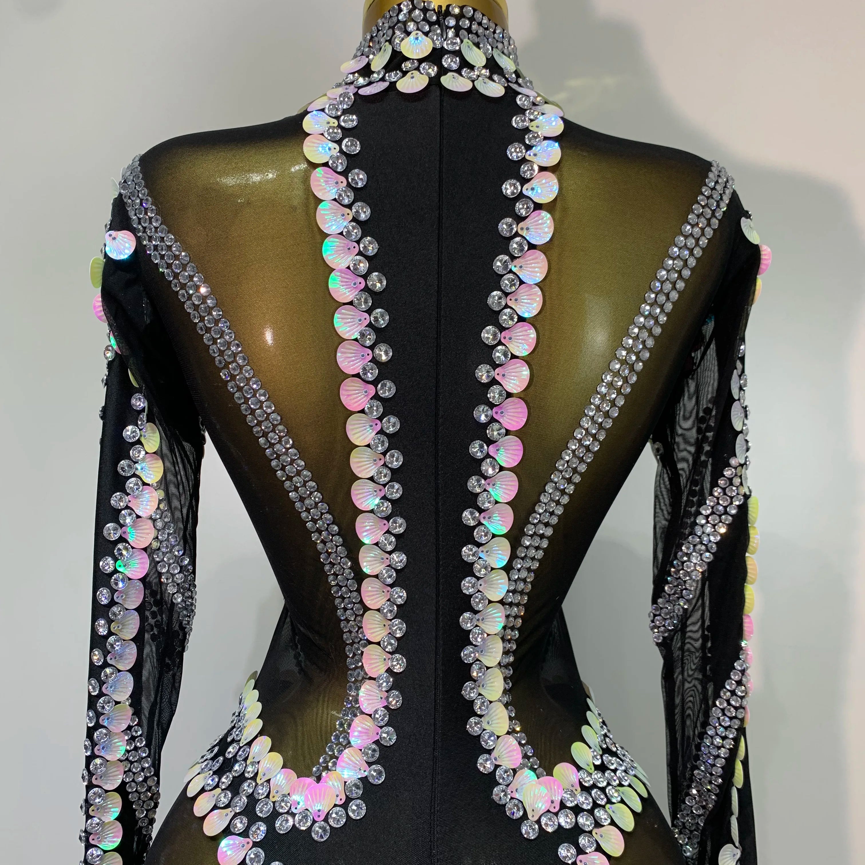 Women Sexy Long Sleeve Sparkly Crystal Sequin Mesh Jumpsuit Nightclub Cos Party Dancer Performance Costume Stage Outfit