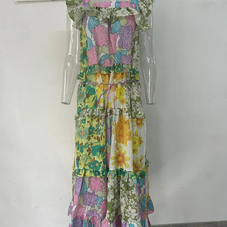 LGRQ Trendy Ruched Hemline Design Printed Long Dresses Summer Ruffle Fashion Sleeveless Elegant Luxury Dress Girls 19F1381 As Shown in Figure