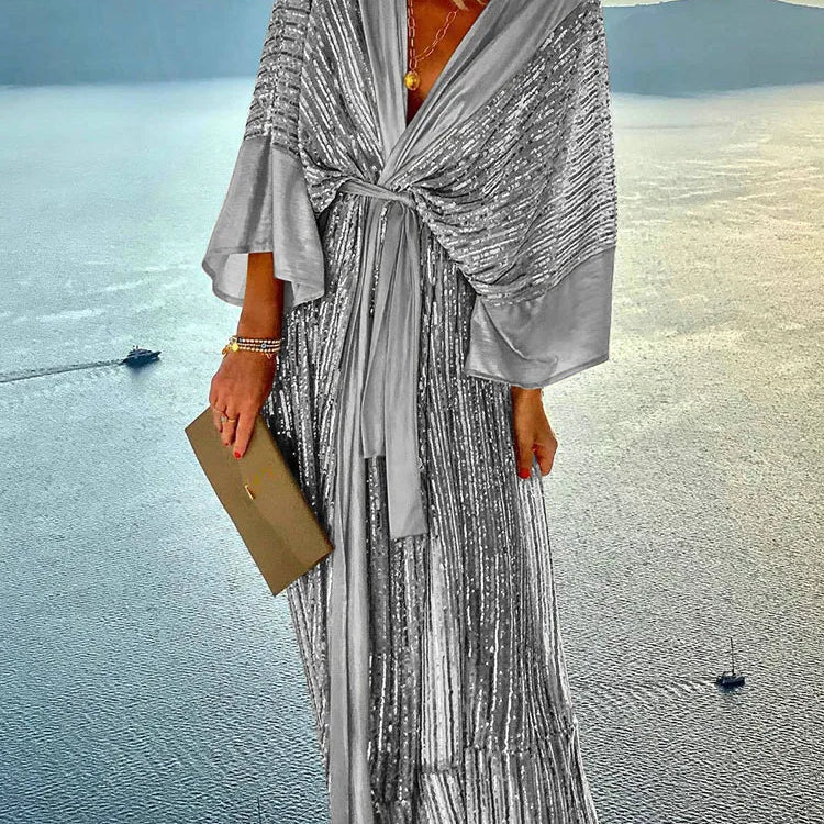 2022 Women Beach Style Three Quarter Batwing Sleeve Holiday Dress V-Neck Sequin Lace-Up Summer Patchwork Ladies Maxi Party Dress 03 Silver