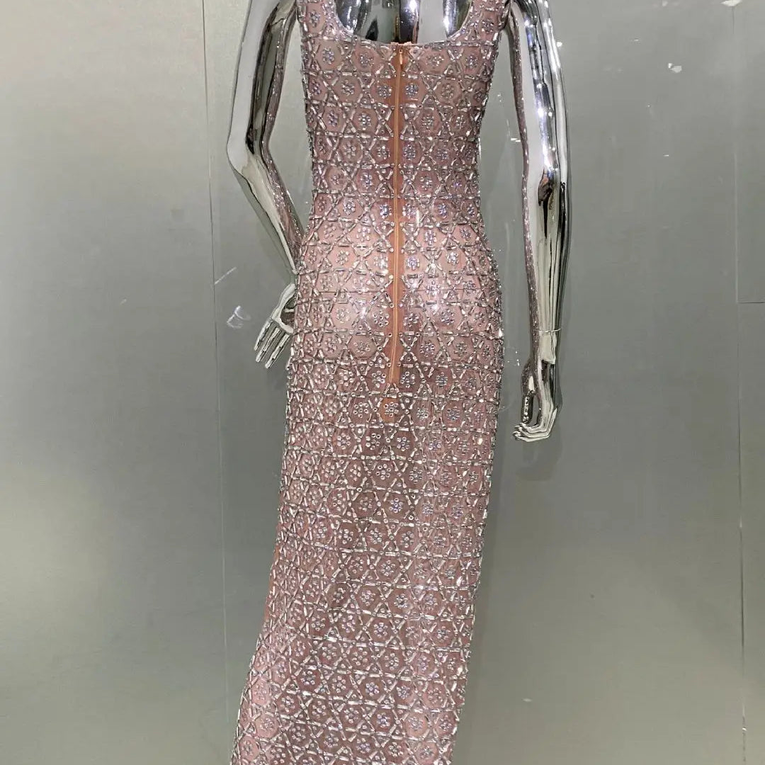 2024 Super Shining Diamonds Sexy Mesh See Through Bodycon Long Dress Fashion Woman Evening Party Dress Stage Performance Costume