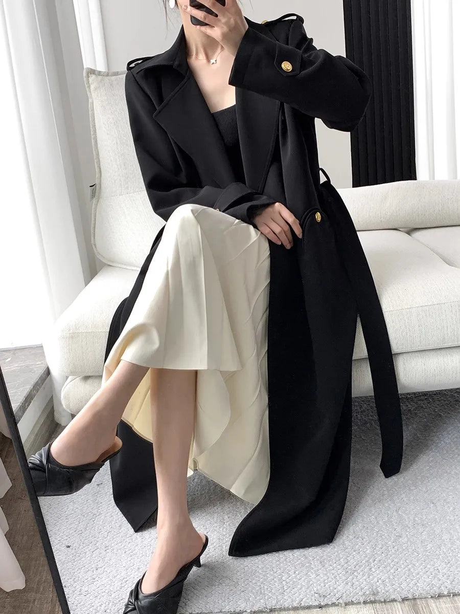 Lautaro Spring Autumn Long Black Trench Coat for Women Gold Buttons Double Breasted Elegant Chic Luxury Designer Clothes 2025