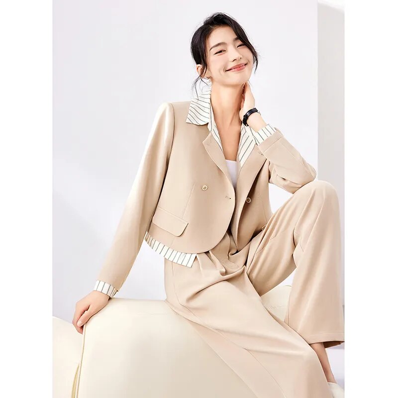 Workwear Women's Autumn Outfits Patchwork Short Jacket Wide Leg Pant Sets for Women Two Piece New in Matching Set Khaki