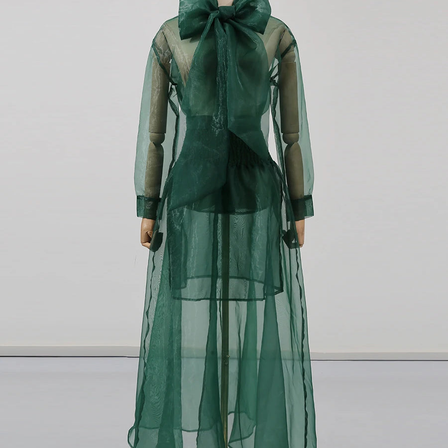 Solid Sheer Two Piece Sets for Women Round Neck Long Sleeves Spliced Bowknot Top High Waist Skirt Set Female New GREEN