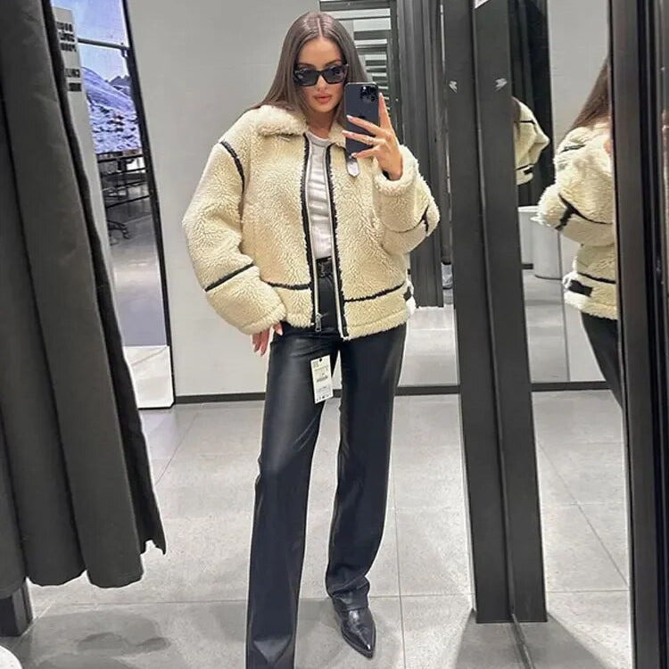 Suninheart Autumn and Winter Faux Fur Jacket with Zipper Women Long Sleeve Warm Jackets Coat Casual Lapel Cold Coat High