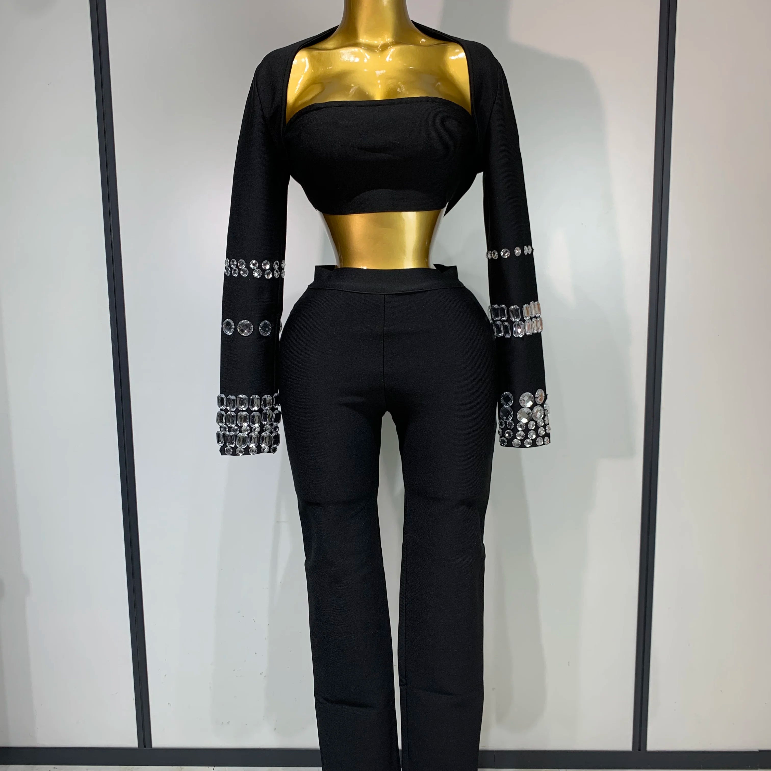 Women Celebrity Sexy Long Sleeve Beading Black Bodycon Bandage Three Piece Set Elegant Evening Club Party Birthday Outfits black