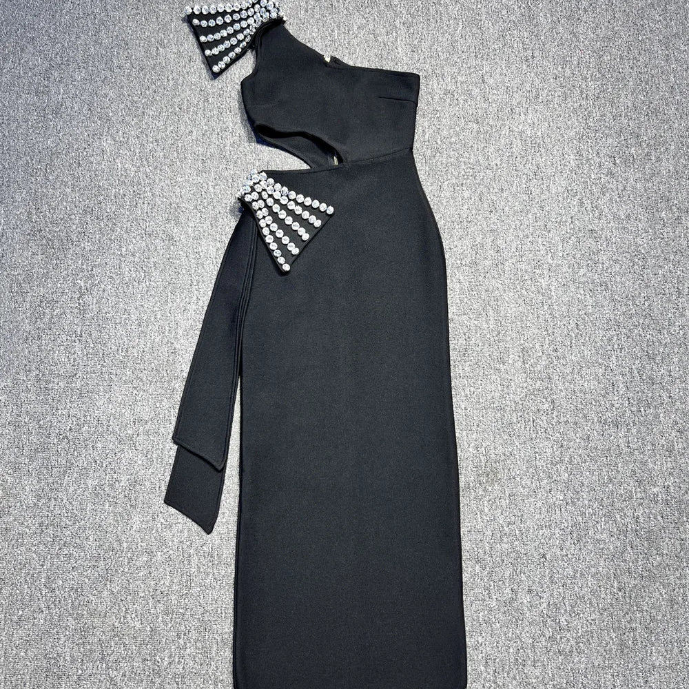 2025 Women Sexy One Shoulder Big Crystal Bodycon Bandage Long Dress Celebrate Elegant Evening Party Outfit Vestido black