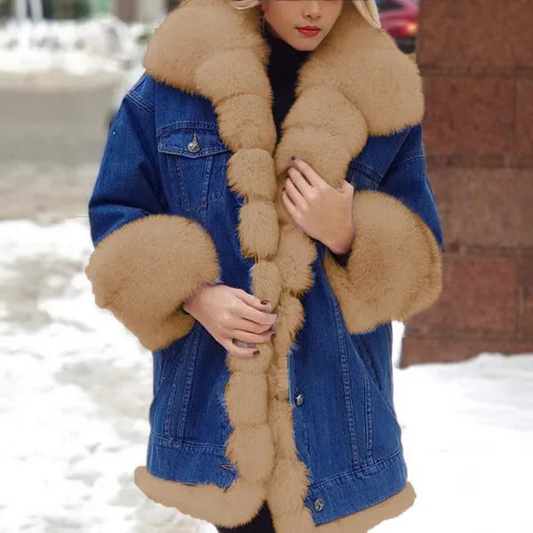 Lazada Best Selling Women's Long Sleeve Faux Fur Leather Denim Jacket Wish Top Brand Chinese Origin Mixed Fur Coat