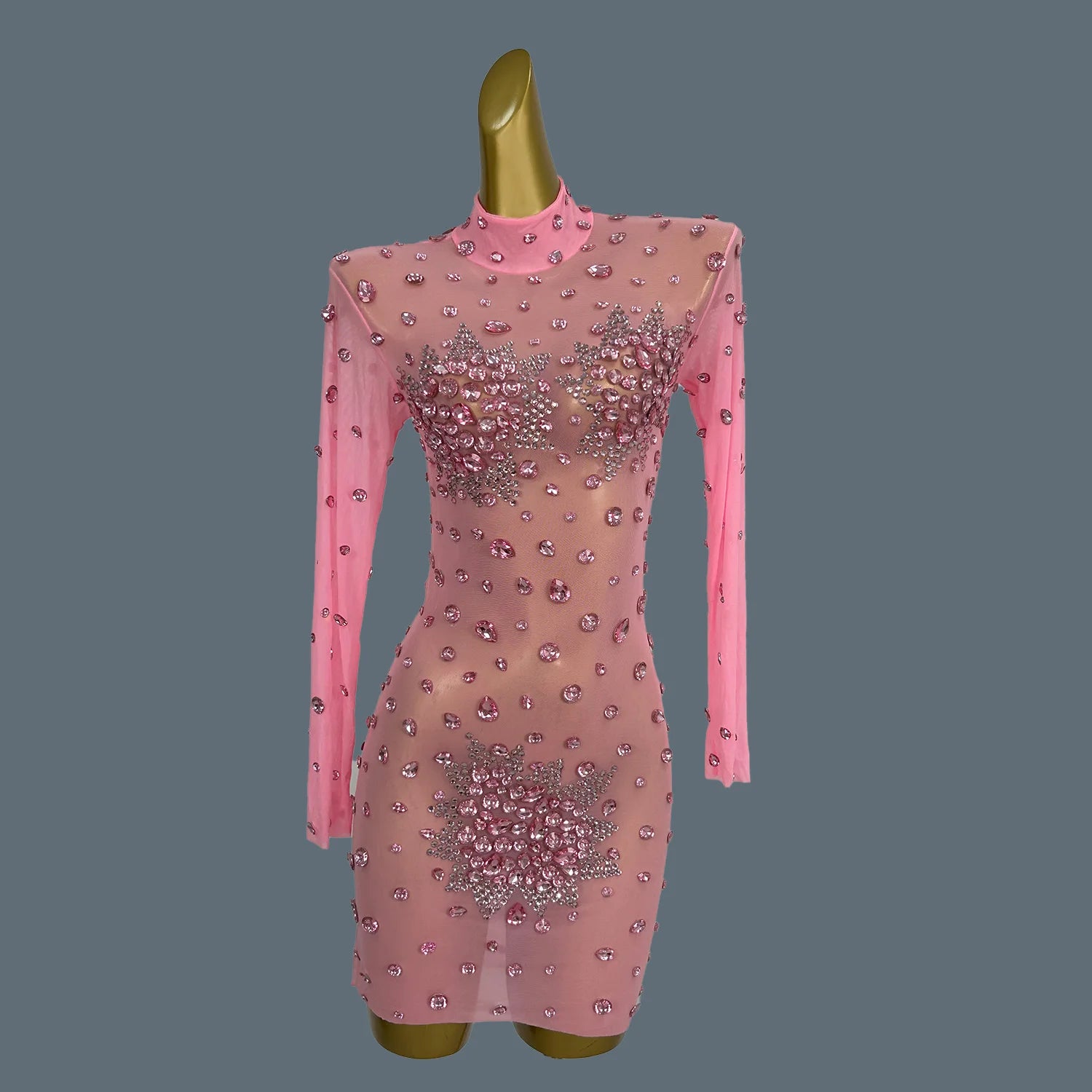 Women Sexy White Crystals Mini Dress Luxury Birthday Celebrate Evening Party Rhinestones Gown Singer Stretch Costume Guibin Pink