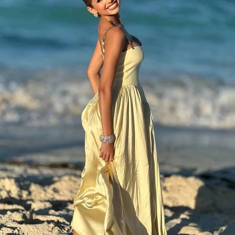 2025 Spring Women's Strap Chain Sleeveless Long Dress Fashionable Slimming Hundred Fold Elegant Dresses Evening Party Vestidos