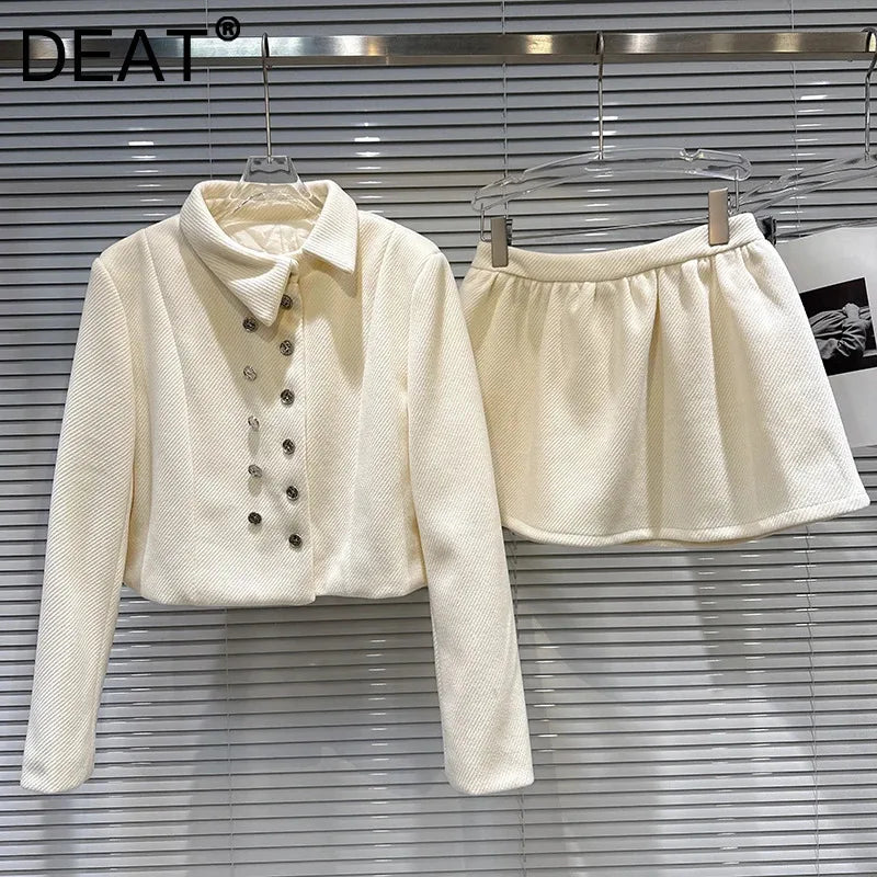 Winter New Fashion Sweet Temperament Double Row Metal Button Quilted Short Jacket Skirt Set For Women 1A07892