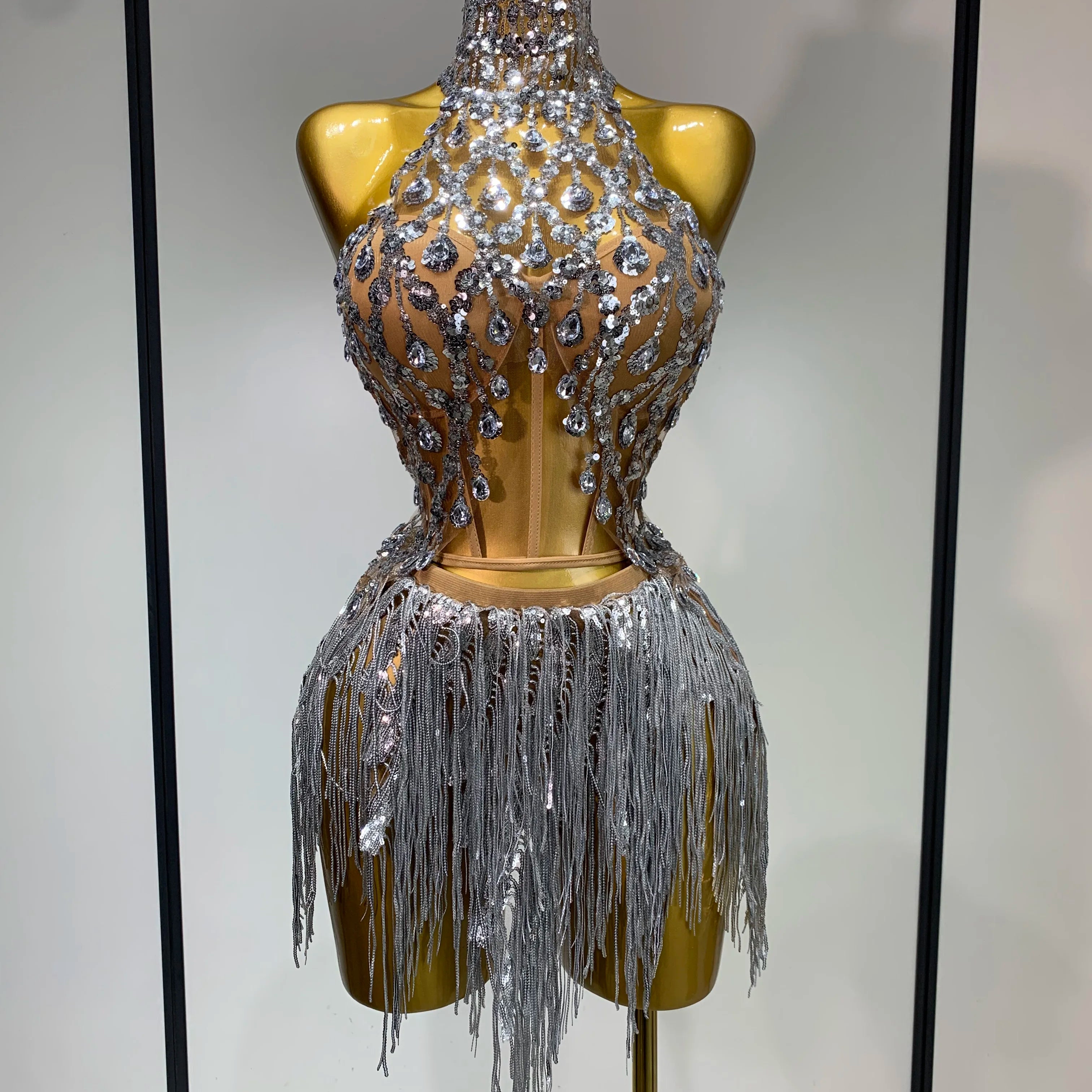 Women Sexy Shinning Rhinestone Tassels Two Pieces Set Nightclub Evening Party Birthday Bar Dancer Performance Stage Costume Silver