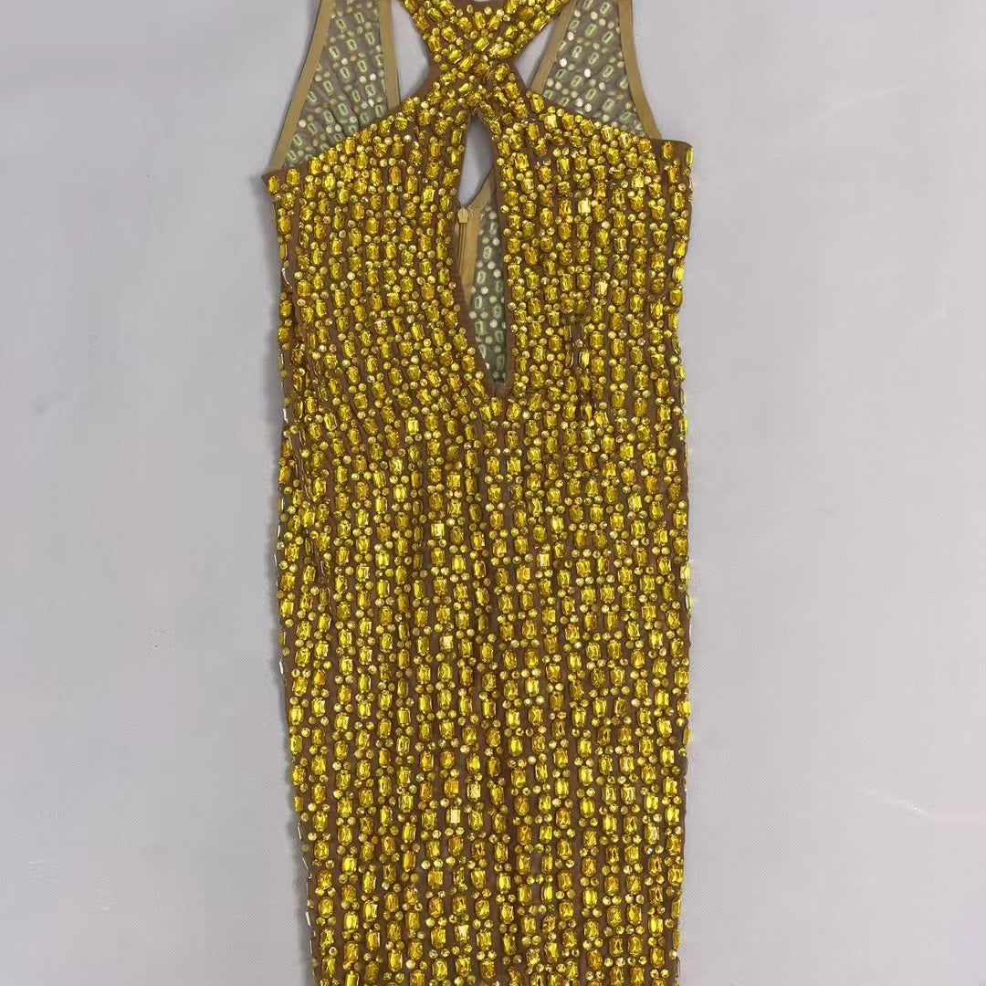 New Sexy Hollow out Mini Dress Women's Bodycon Wrap Dress Birthday Party Sparkly Golden Rhinestone Club Evening Dress liusixian