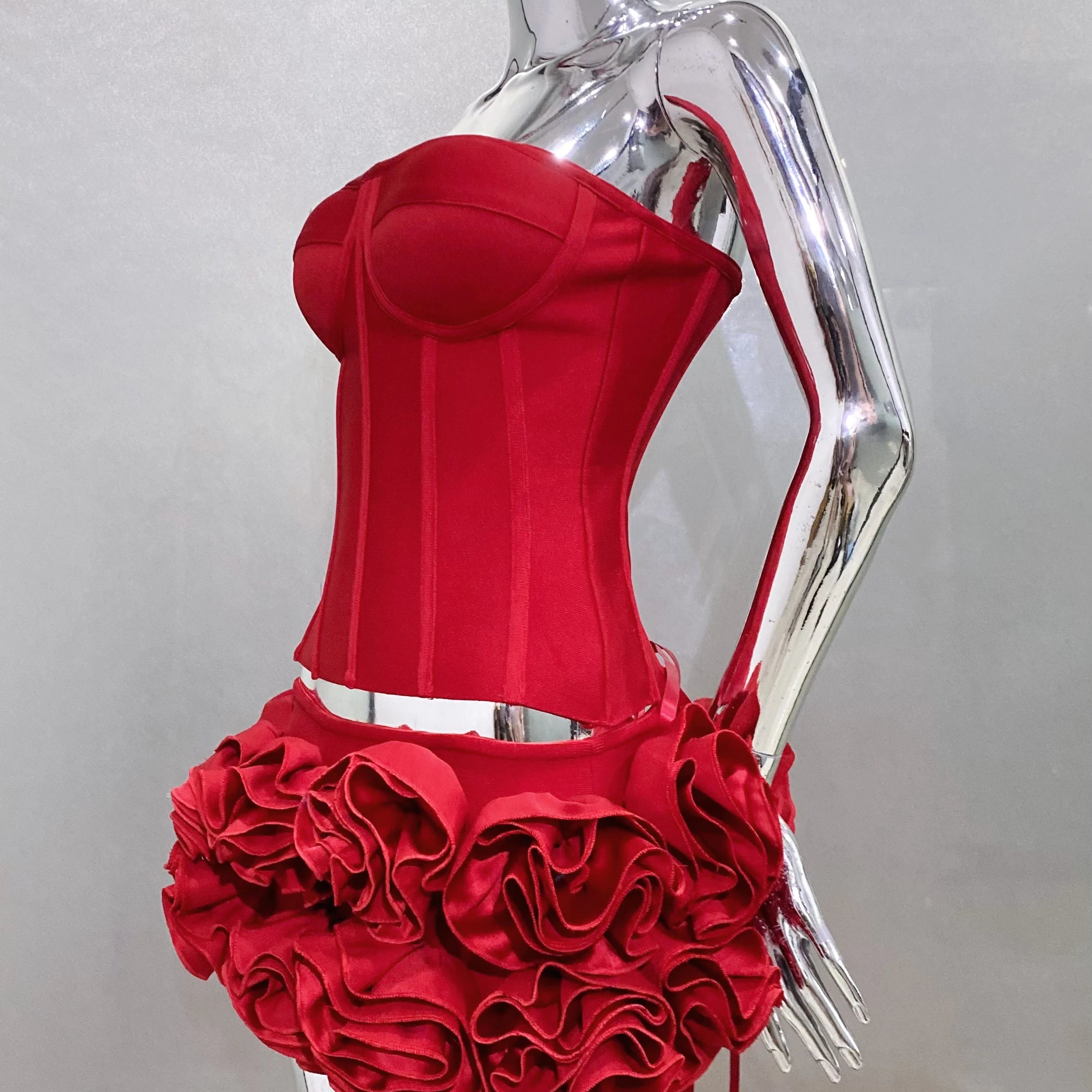 2024 Red color Back Lacing Body shaping Strapless Top And Stereoscopic Flowers Mini Skirt 2 pieces Woman Birthday Party Dress