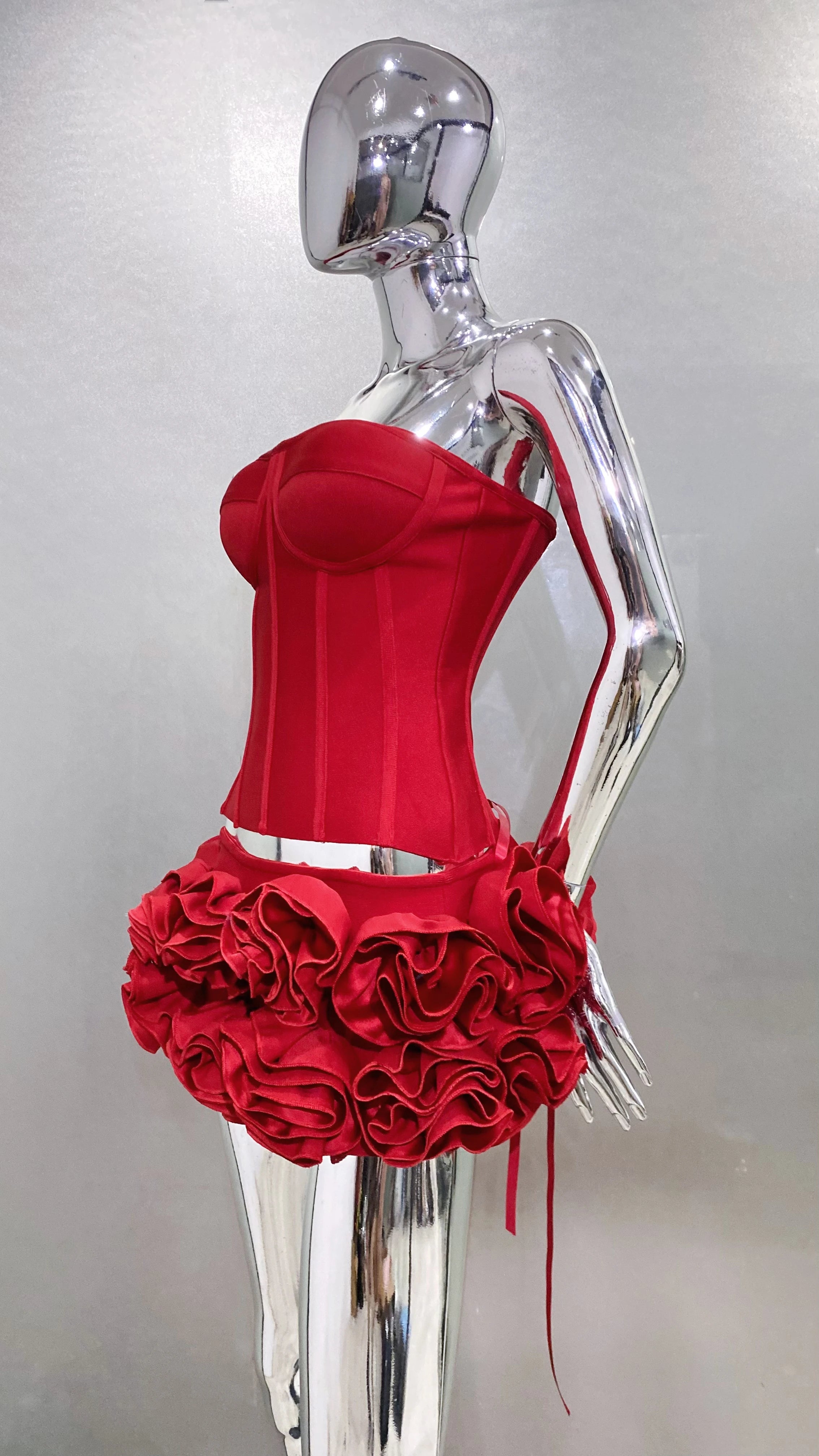 2024 Red color Back Lacing Body shaping Strapless Top And Stereoscopic Flowers Mini Skirt 2 pieces Woman Birthday Party Dress