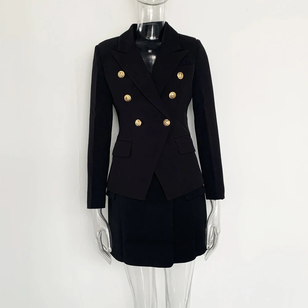 HarleyFashion Gorgeous Design Women 2PCS Blazer Suits Solid Color Summer Blue Skirt Twin Sets Mini Street Clothing for Lady black