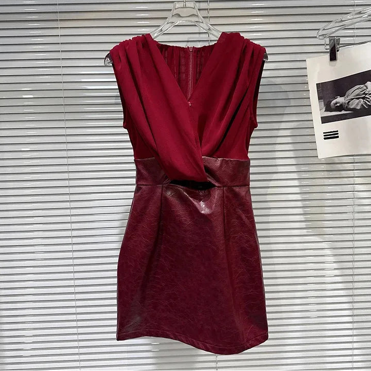 Winter New Fashion V-neck Twist Spliced PU Leather Design Vest Dresses For Women Evening Party Slim Fit Dress 11A07738