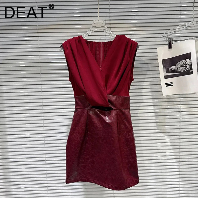 Winter New Fashion V-neck Twist Spliced PU Leather Design Vest Dresses For Women Evening Party Slim Fit Dress 11A07738