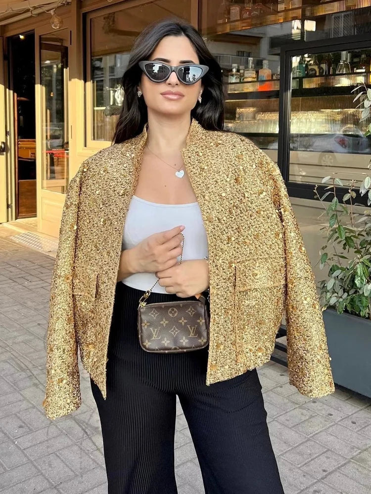 Sequins Woman Bomber Jackets for Women Autumn Chic Streetwear Coat Female Stand Collar with Pocket Outerwear