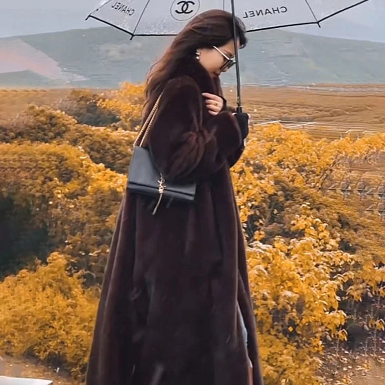 Lautaro Winter Long Oversized Warm Thick Fluffy Brown Soft Skirted Faux Mink Fur Coat Women Elegant Luxury Chic Furry Overcoat Dark brown