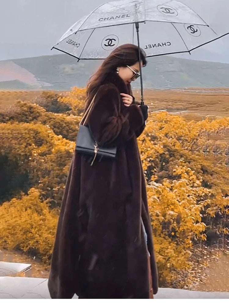 Lautaro Winter Long Oversized Warm Thick Fluffy Brown Soft Skirted Faux Mink Fur Coat Women Elegant Luxury Chic Furry Overcoat Dark brown