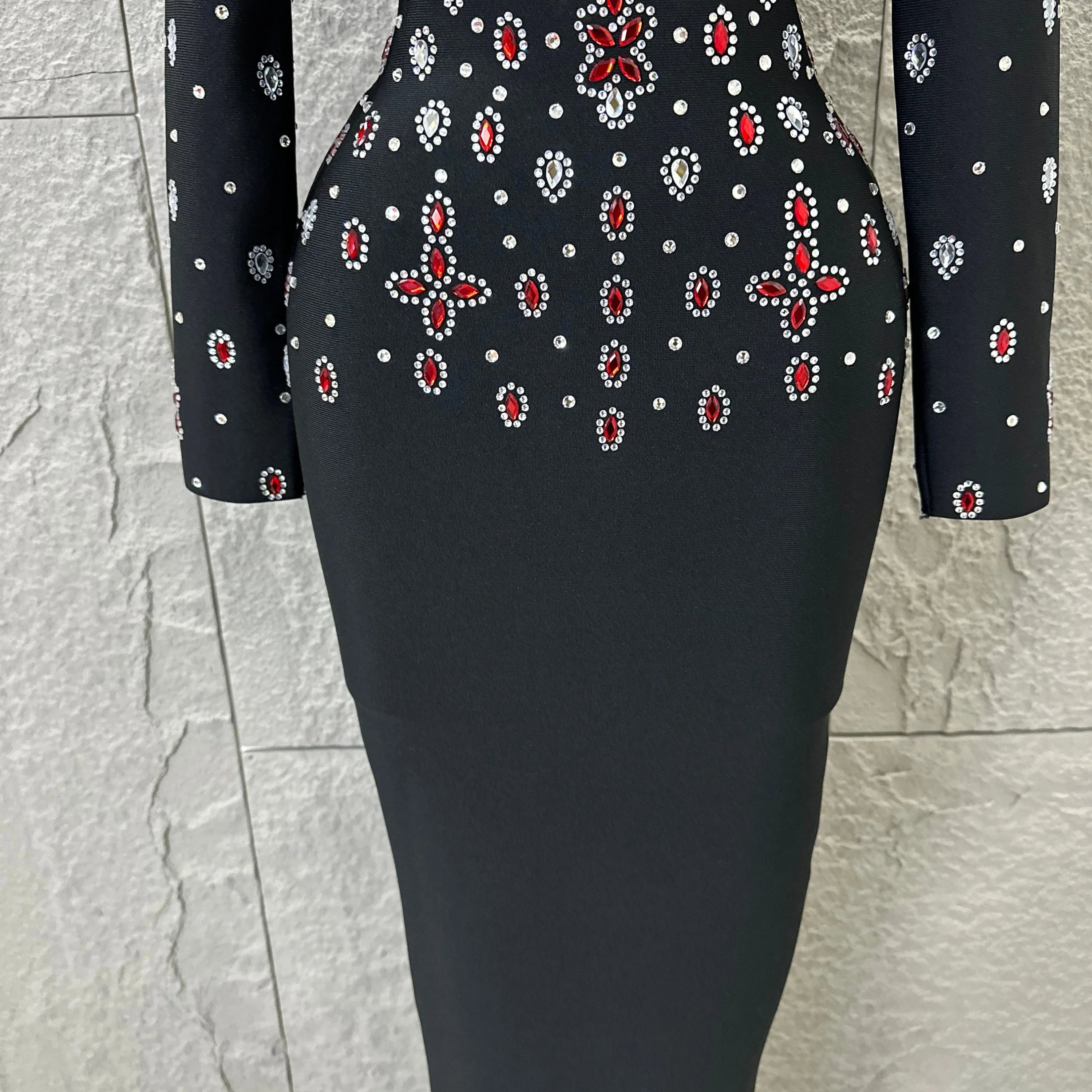 Women Sexy Long Sleeve Crysta  Red Rhinestone Embellished Bodycon Outfit Formal Event Party Elegant Black High Neck Maxi Dress