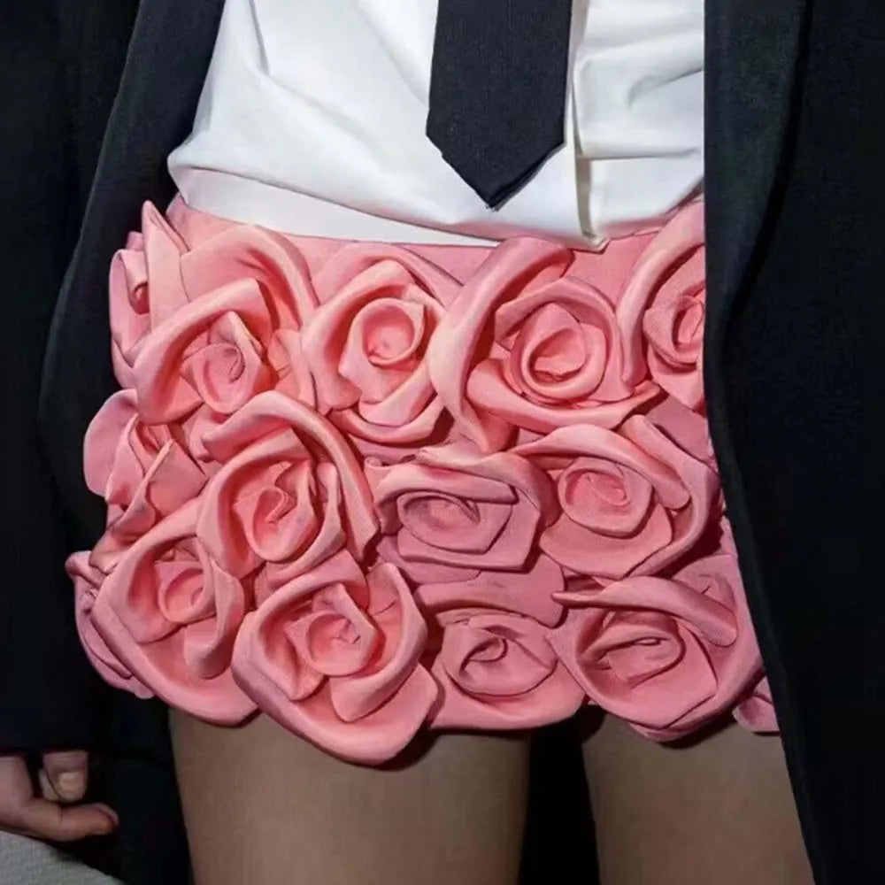 Ailigou Summer New Women's Fashion 3D Rose Decoration Design Feeling Half body Skirts, High Waist Shorts, Skirts Pink