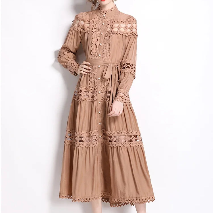 New Spring Autumn Stand Collar Lace Hollowed Out Single Breasted Dress Women's Vintage Elegant Full Sleeve Rnnway Long Dress