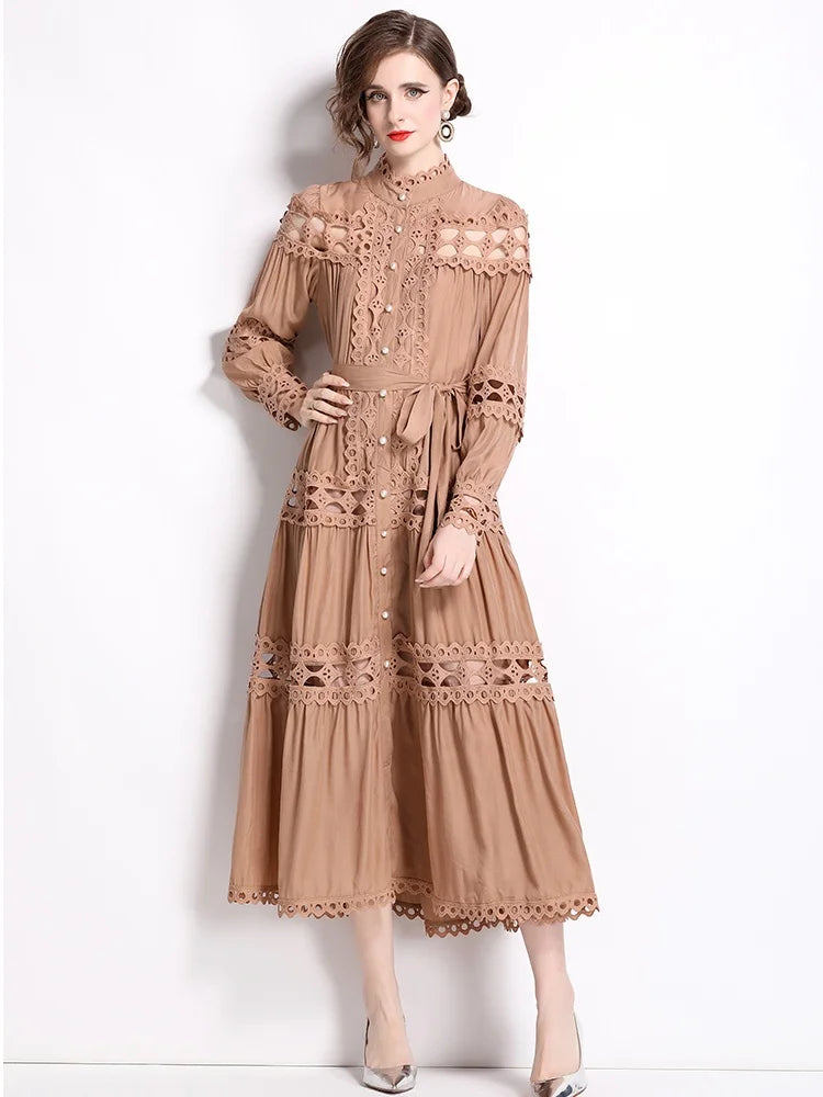 New Spring Autumn Stand Collar Lace Hollowed Out Single Breasted Dress Women's Vintage Elegant Full Sleeve Rnnway Long Dress