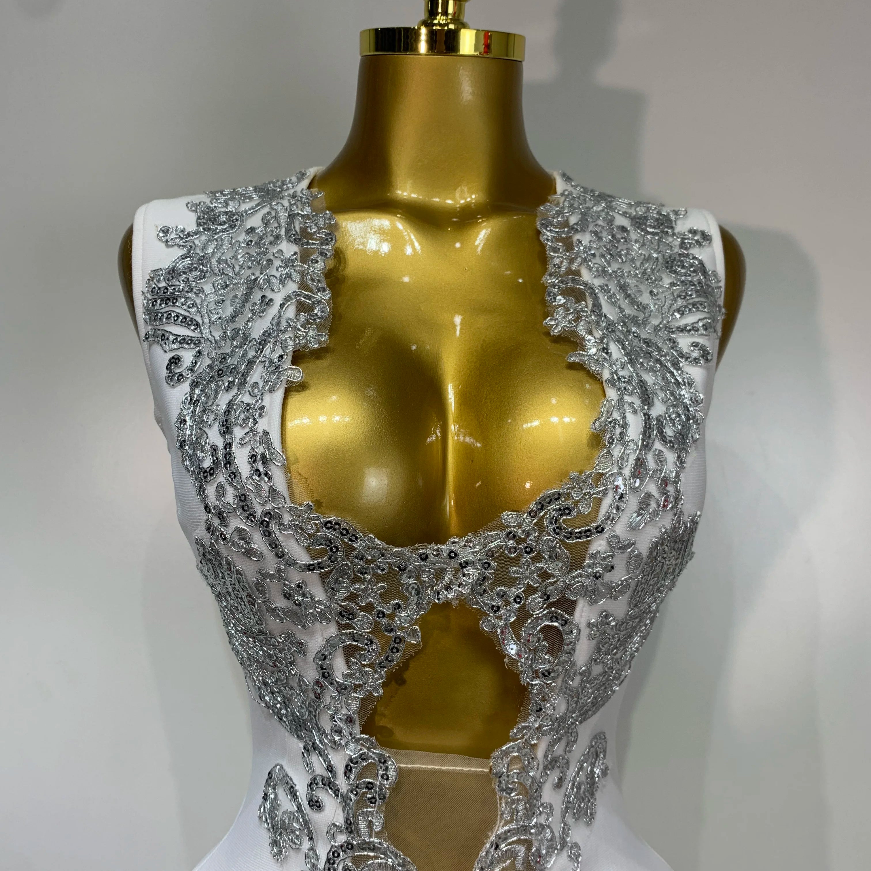 Women 2025 Sexy V Neck Cut Out Short Bandage Dress Silver Sequin White Elegant Luxury Birthday Party Club Wedding Vestidos