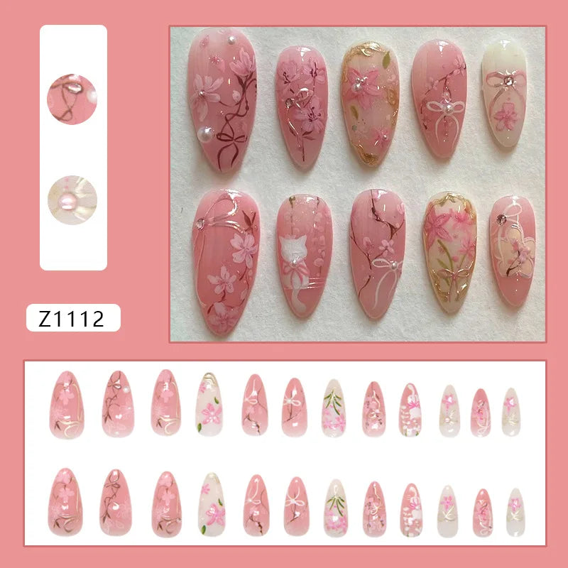24pcs Flower Print Press on Nails Retro Color Blush Almond Fake Nail Tips Detachable Wearable Sweet Cool Spice Girl False Nails 2