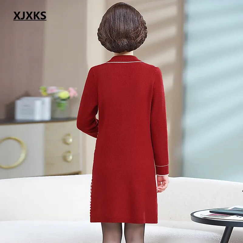 Temperament Lapel Women's Long Sweater 2024 Autumn And Winter New Comfortable Wool Knit Dress Ladies Pullover