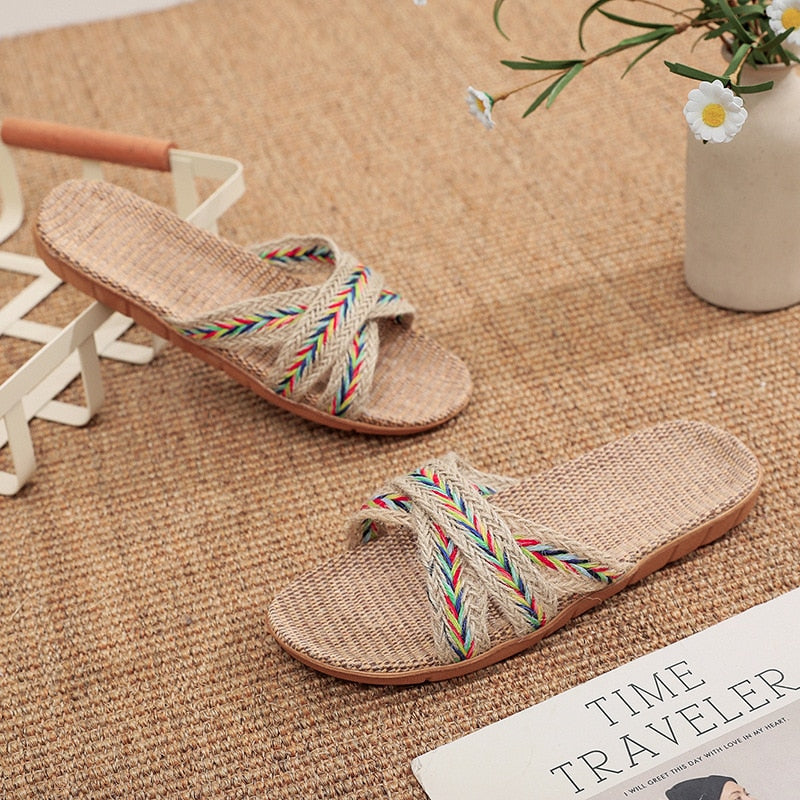 Summer Natural Flax Slippers 2022 Women Sandals Comfortable Non-slip Ladies Home Cross-tied Casual Indoor Shoes Multicolor