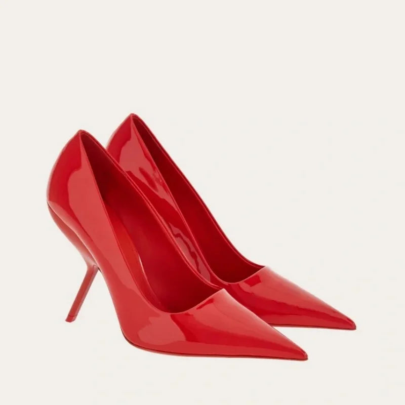 2025 New Style Women's High Heels Shoes Patent leather Pointed Toe Solid Color Night Club Party Shoes Femme Summer Half Slippers Red