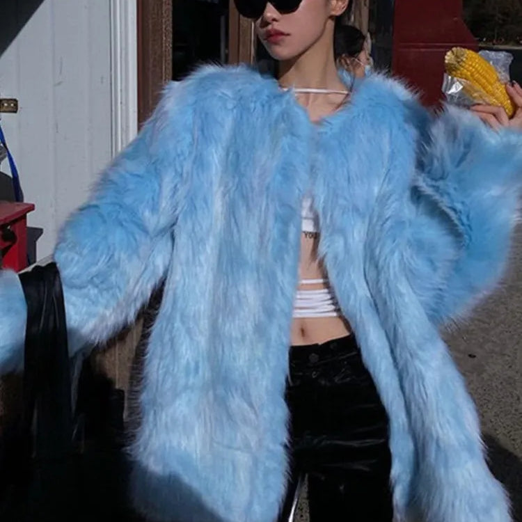 Super Hot Women's winter coats Elegant Blue Faux Fur Coats Female clothing Long Sleeve Thick Warm Outerwears Lady Oversize