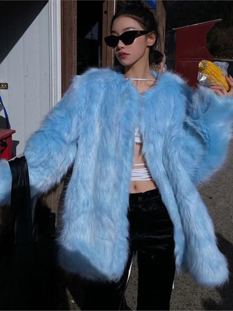 Super Hot Women's winter coats Elegant Blue Faux Fur Coats Female clothing Long Sleeve Thick Warm Outerwears Lady Oversize