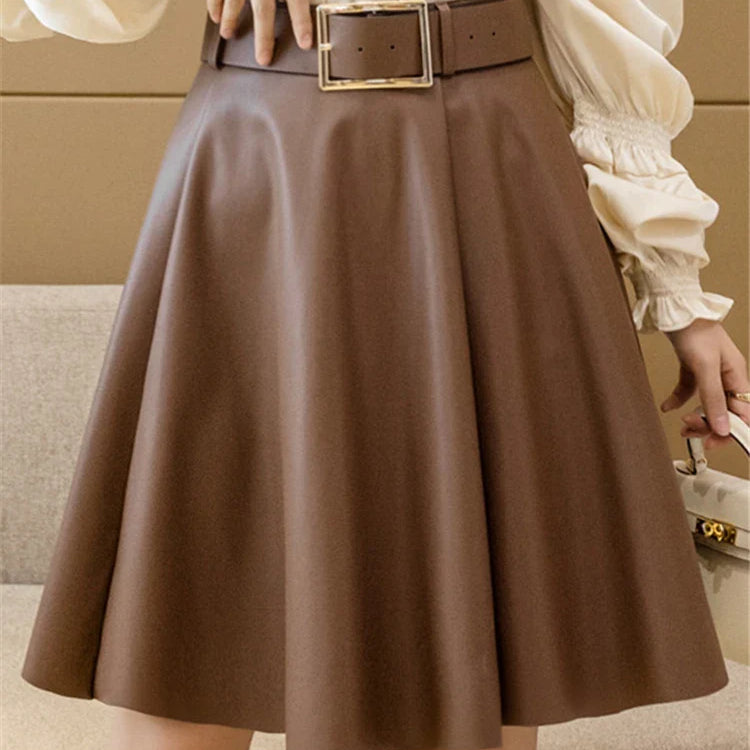 REALEFT Women's PU Leather Skirts With Belted 2022 New Fashion Solid Color High Waist Casual Short Ladies A-Line Skirts Female Coffee