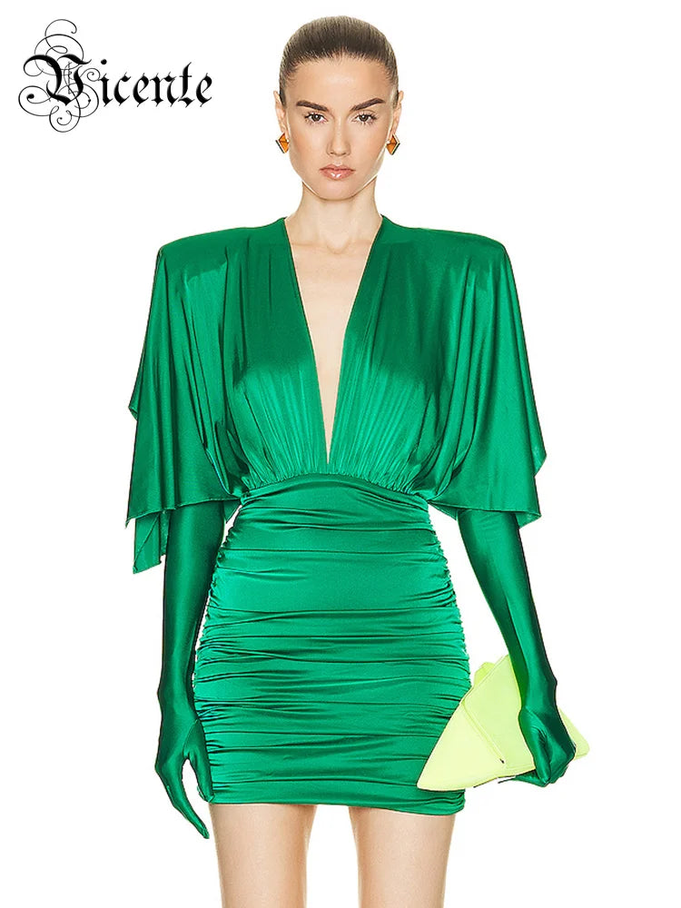 Fashion Streetwear Women'S Dress For Special Event Sexy V Neck Draped Design Green Slim Thin Mini Dress With Gloves