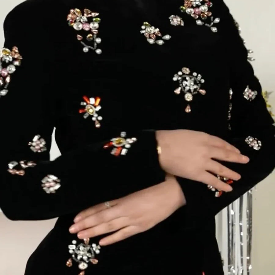 Solid Slimming Two Piece Sets for Women Round Neck Long Sleeves Patchwork Diamonds Top High Wasit Skirt Female New