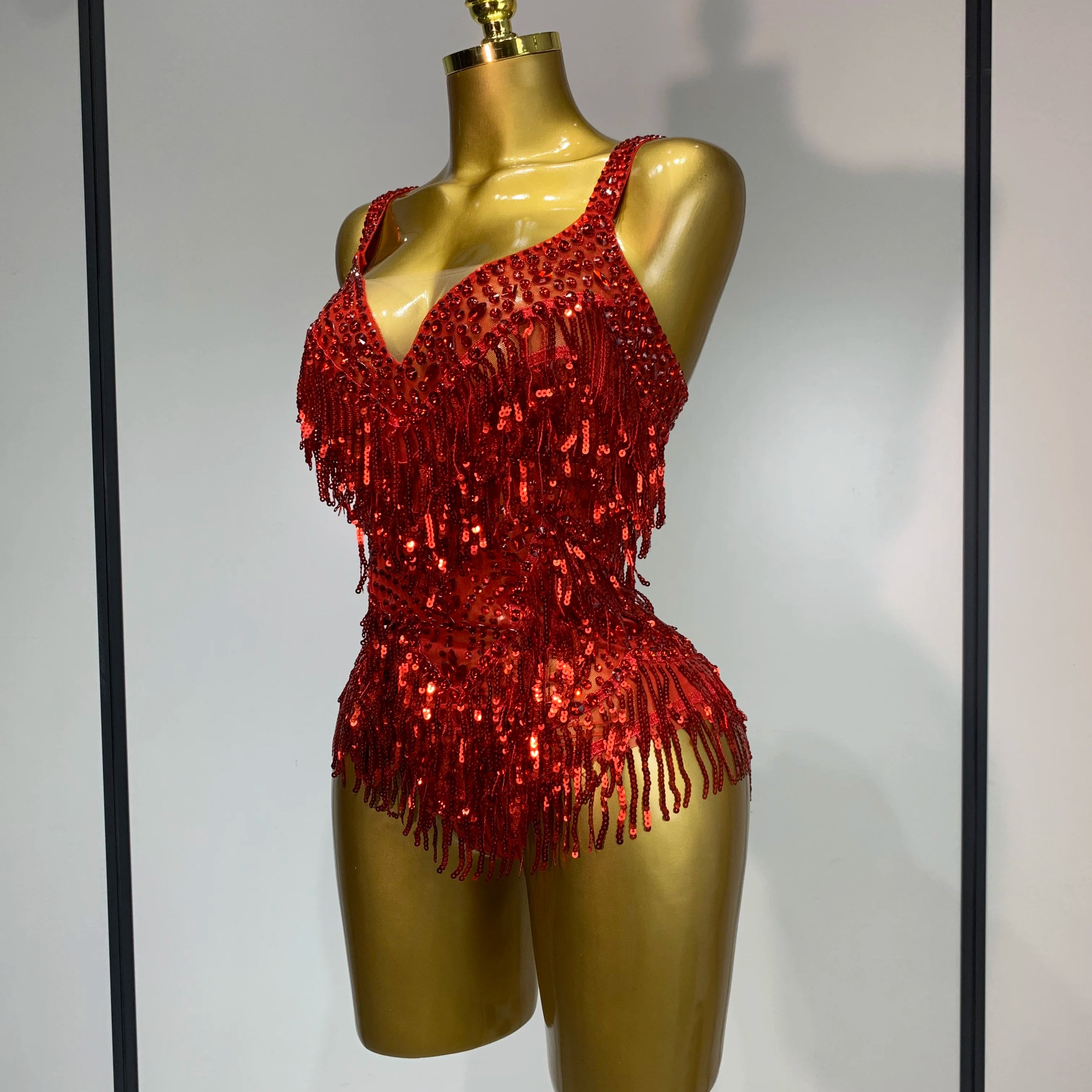 Sparkly Rhinestone Tassel Sexy Backless Mesh Bodysuit Women Luxury Birthday Party Nightclub Bar Dencer Stage performance Costume