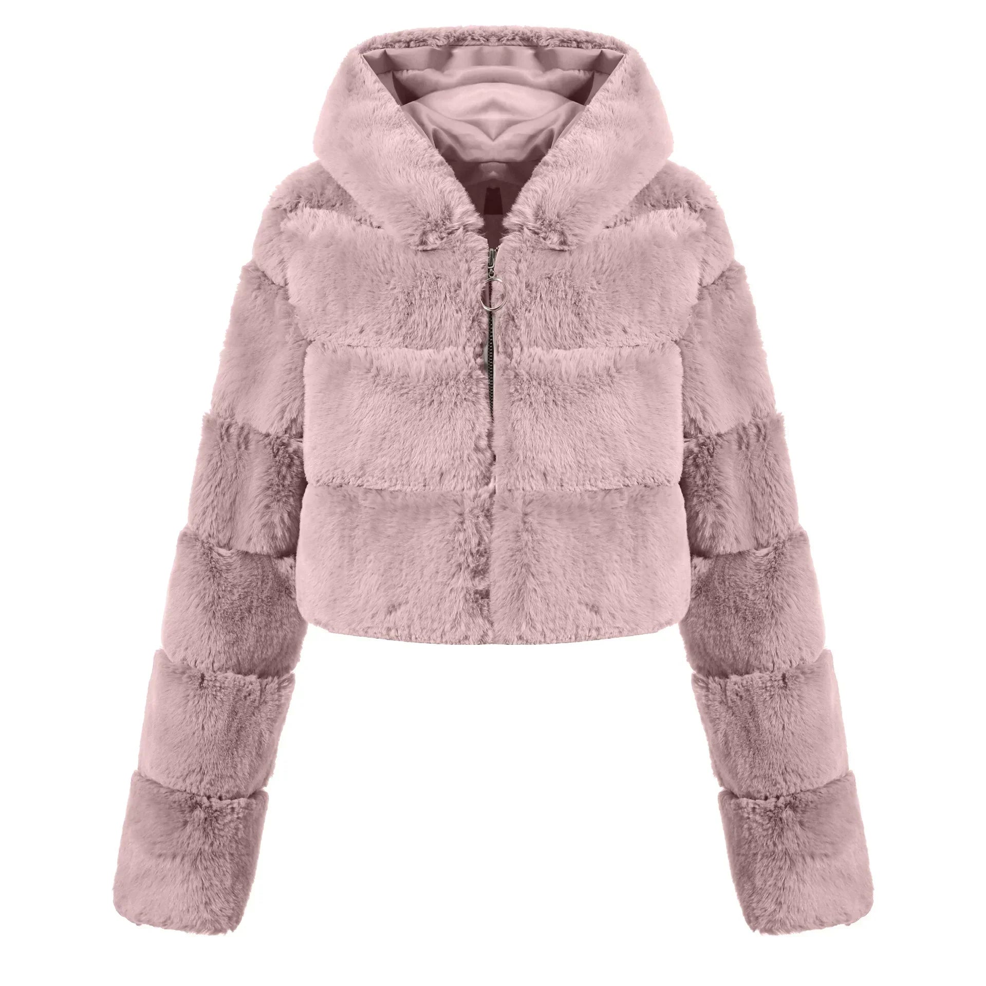 Winter Hooded Fluffy Jacket Women Faux Fur Coat Cropped Jacket Puffer Jacket Zip Up Winter Warm Fuzzy Teddy Coats Tops Outwear Pink