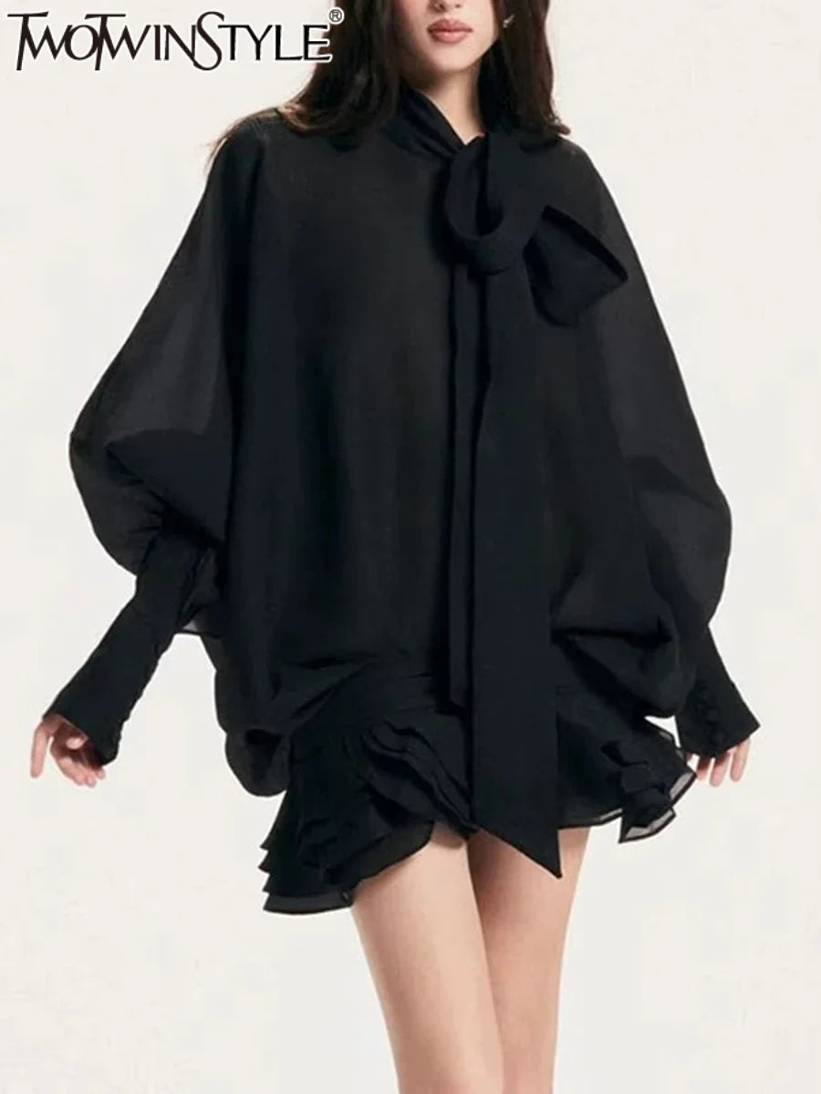 Solid Slimming Fashion Mini Dresses for Women Round Neck Long Sleeves Patchwork Lace Up Temperament Dress Female