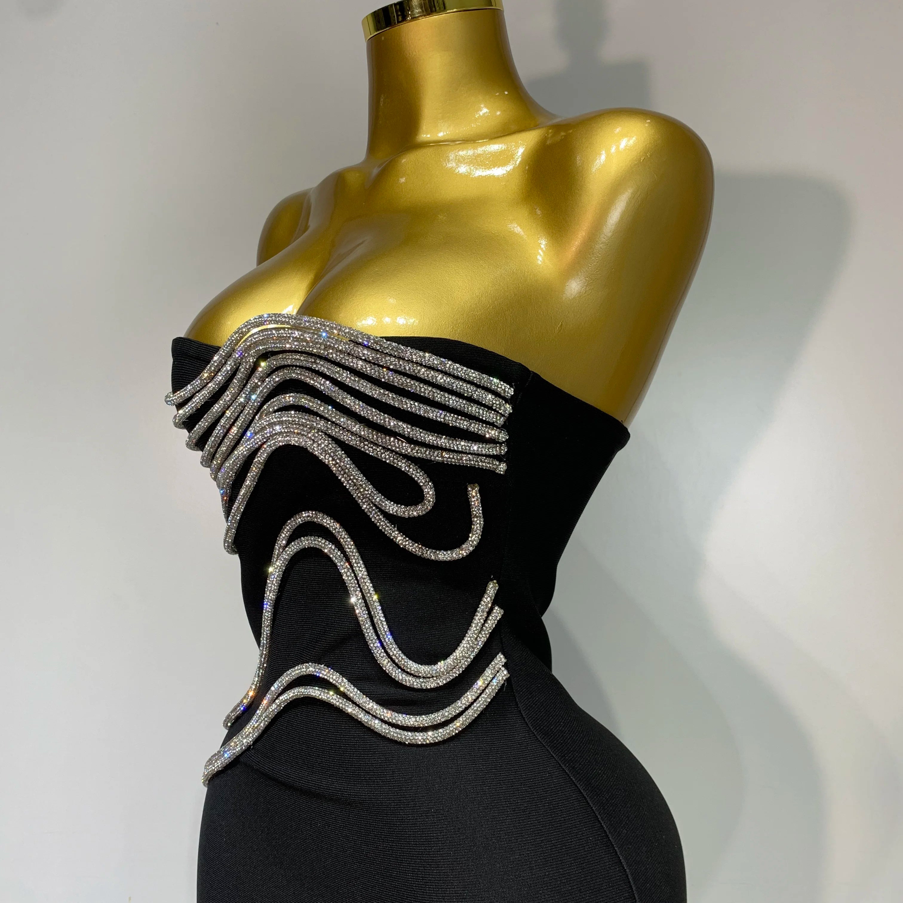 Women Sexy Strapless Diamond Lines Bodycon Bandage Long Dress Celebrity Red Carpet Dress Elegant Evening Birthday Party Dresses