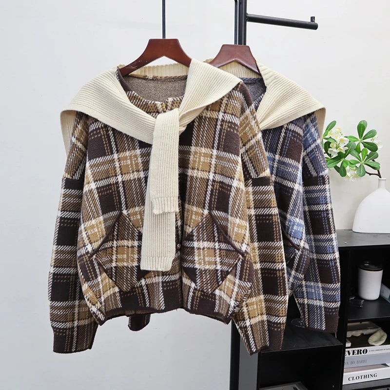 Autumn Winter New Plaid Knitted Double-Sided Shawl Cardigan For Women Loose Sweater Coat Female Trendy 11A07623 Khaki One Size