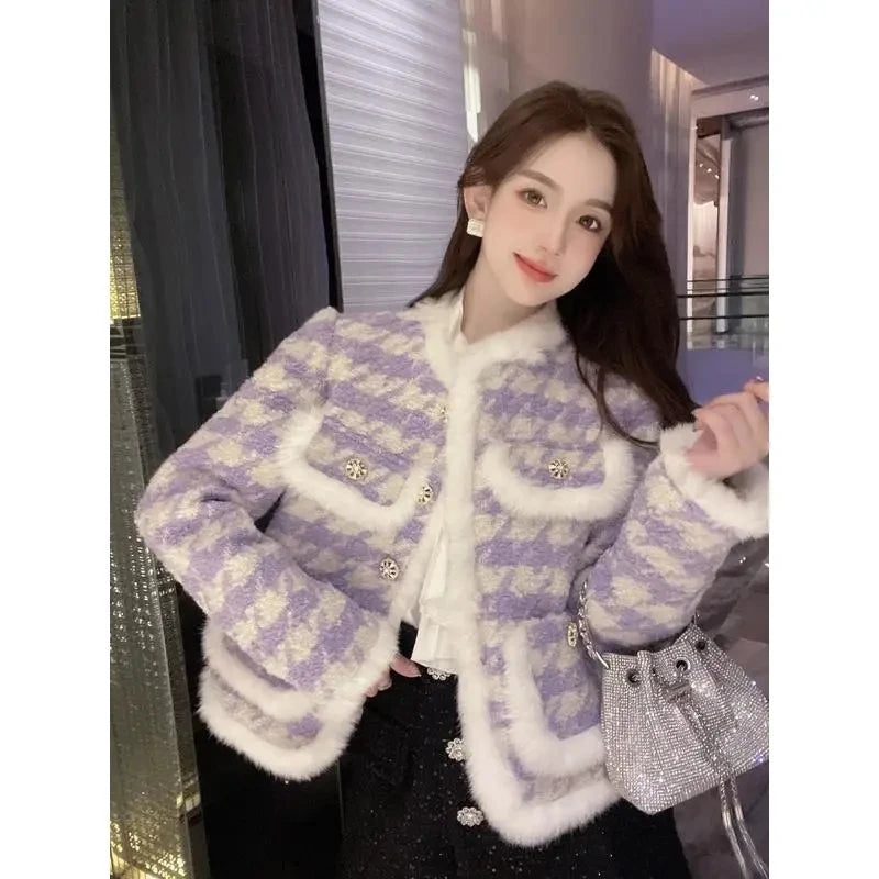 Women's Cotton Short Coat Commuter Style Overshirt Thickened Jacket Autumn Winter Clothes Imitation Mink Fur Coat Checkered Suit