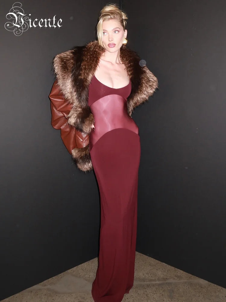 Burgendy See Through Mesh Patchwork Long Dress 2025 Summer Backless Skinny Tight Maxi Bodycon Cocktail Party Wear Vestidos