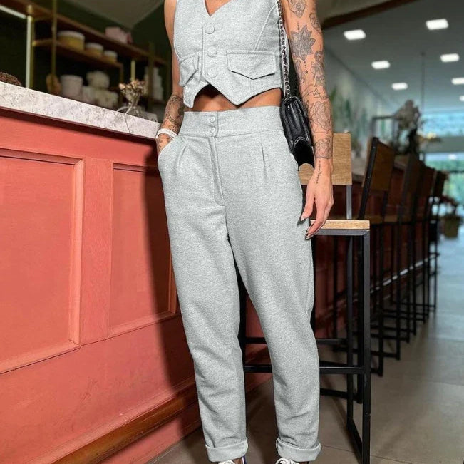 Two Piece Set Women Outfit 2023 Summer Fashion V-Neck Buttoned Sleeveless Vest Top & Casual High Waist Pocket Daily Pants Set