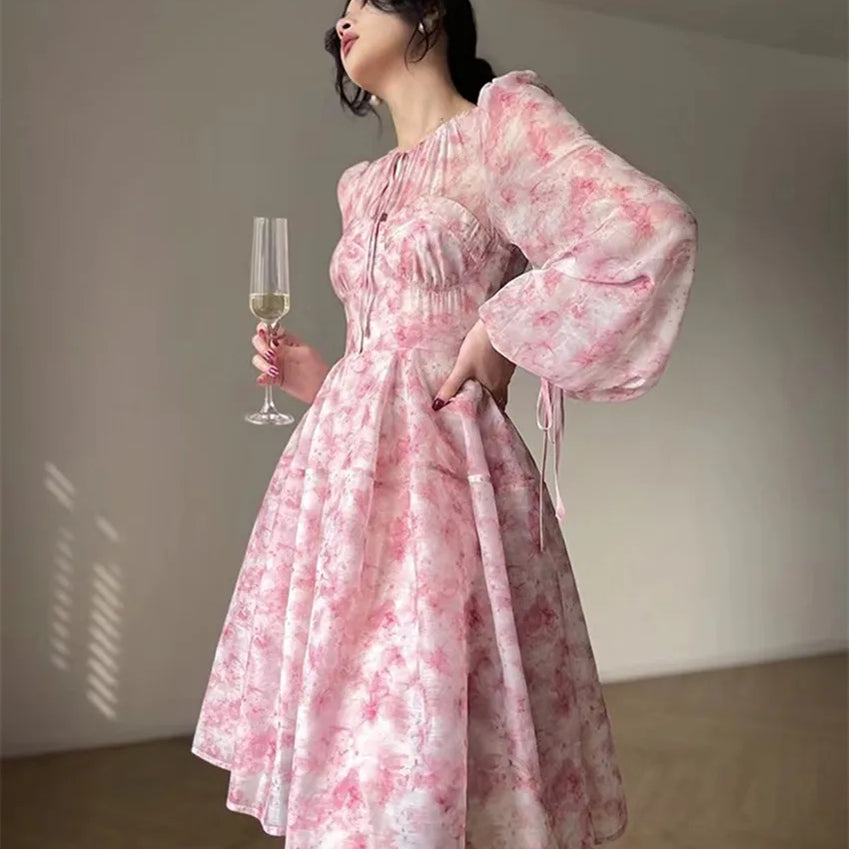 Chic French Elegant Spring Pink Printing Holiday Dress For Women Lace Up O Neck Lantern Sleeve Flower Chiffon High Waist Dresses