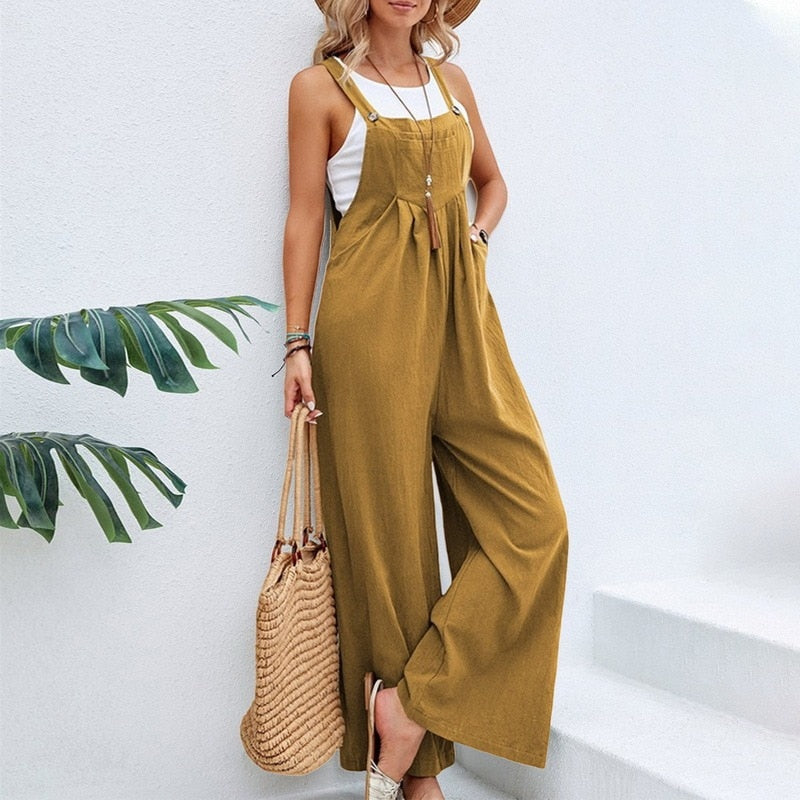 Vintage Cotton Linen Jumpsuit Women 2024 Casual Solid Button Wide Leg Suspender Pants with Pockets Summer Loose Overalls Rompers Ginger