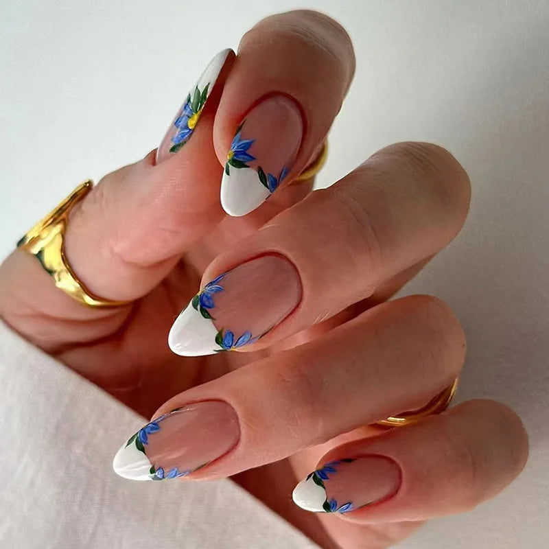 24Pcs Acrylic Round Head Fake Nail Tips Reusable Blue French False Nails Set Simple Almond Oval Full Cover Press on Nails W1700